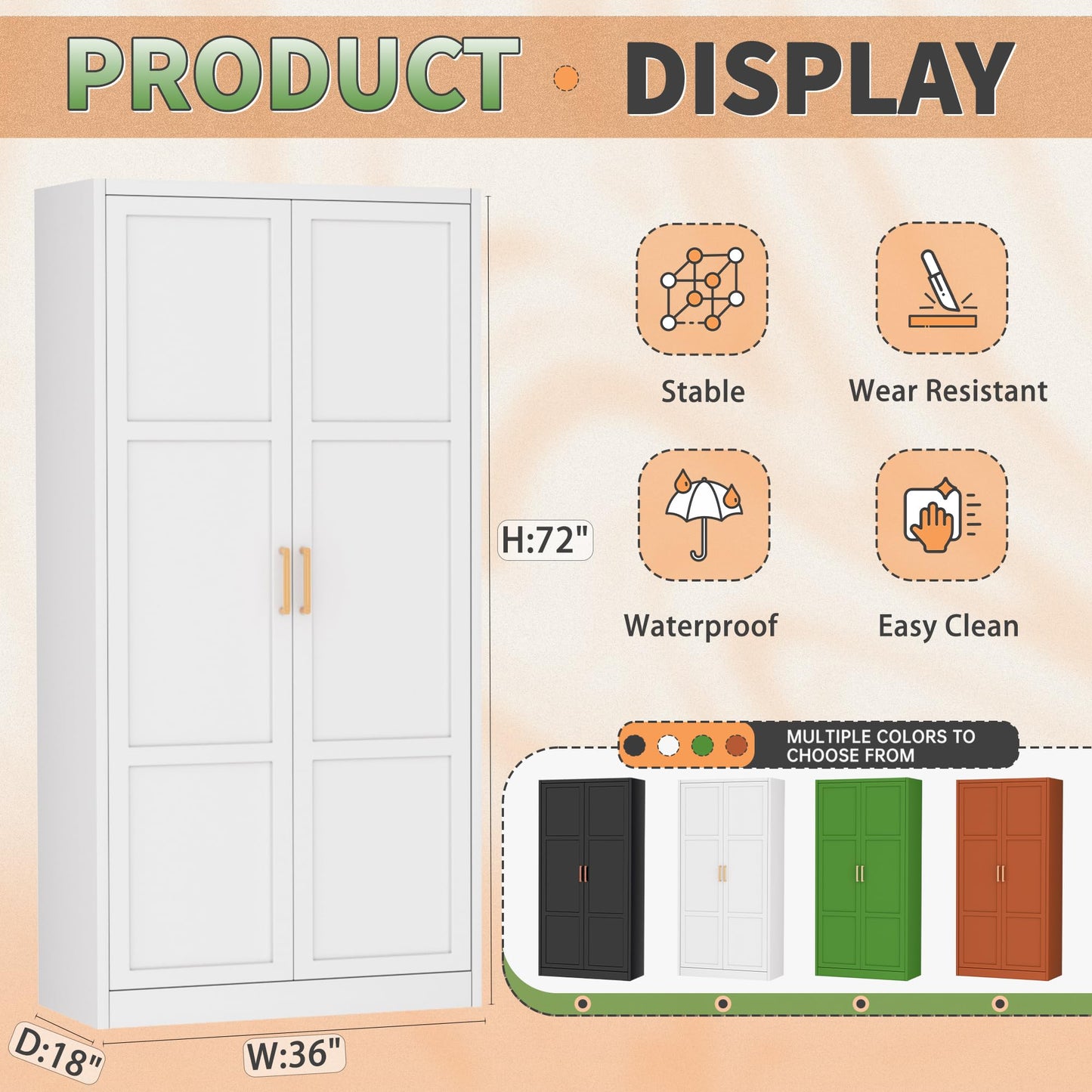 Greenvelly Metal Wardrobe Cabinet with Wooden Handle, 72" Metal Wardrobe Closet with Hanging Rods and Adjustable Shelves, Clothing Storage Closet Cabinet for Home, Office, Employee, Gym (White)