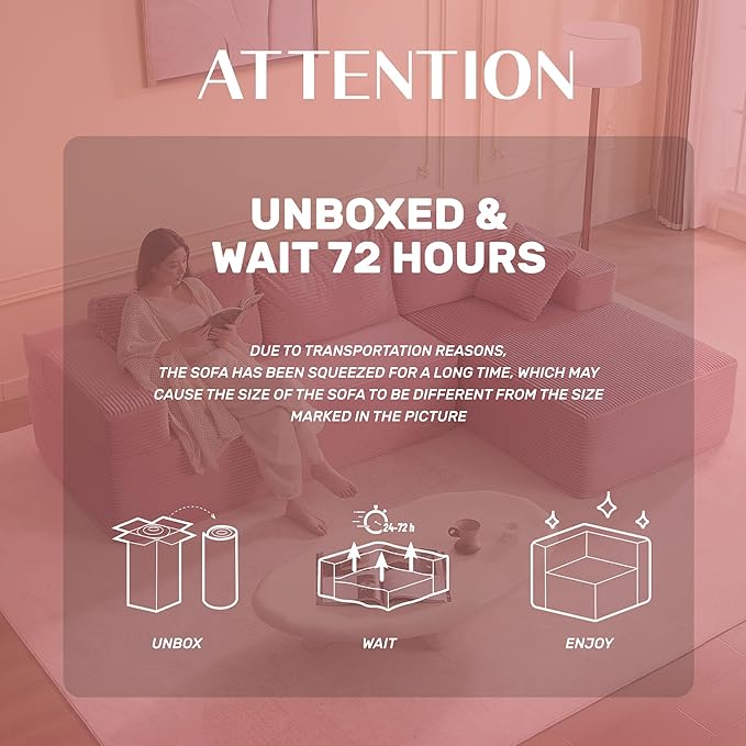 Afuson 107" Boneless Couch with Deep Seat, Modular Sectional Sofa, Cloud Sectional Couch for Living Room, No Assembly Required, Corduroy, L-Shape Left, Pink