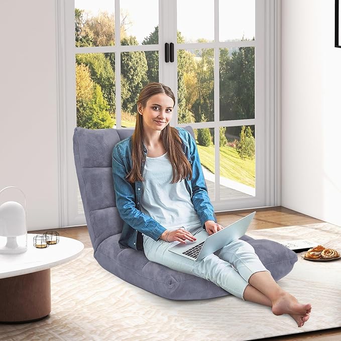 MAT EXPERT Floor Chair with Back Support, Floor Gaming Chair w/ 14 Adjustable Position,Soft Coral Fleece&Alloy Steel Frame, Foldable Floor Seat,Padded Lazy Couch Recliner for Meditating (Gray)