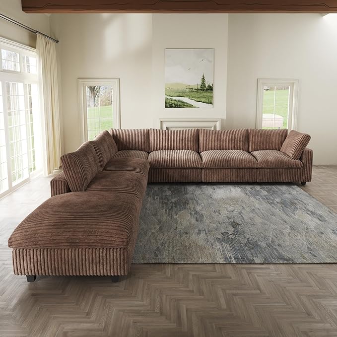 Cloud Modular Sectional Sofa,157" Oversized 7 Seater Sofa,V Shaped Couch with Storage Ottoman,Plush Sofas for Living Room,Comfy Couch with Chaise,Covers Washable&Replaceable (Brown)