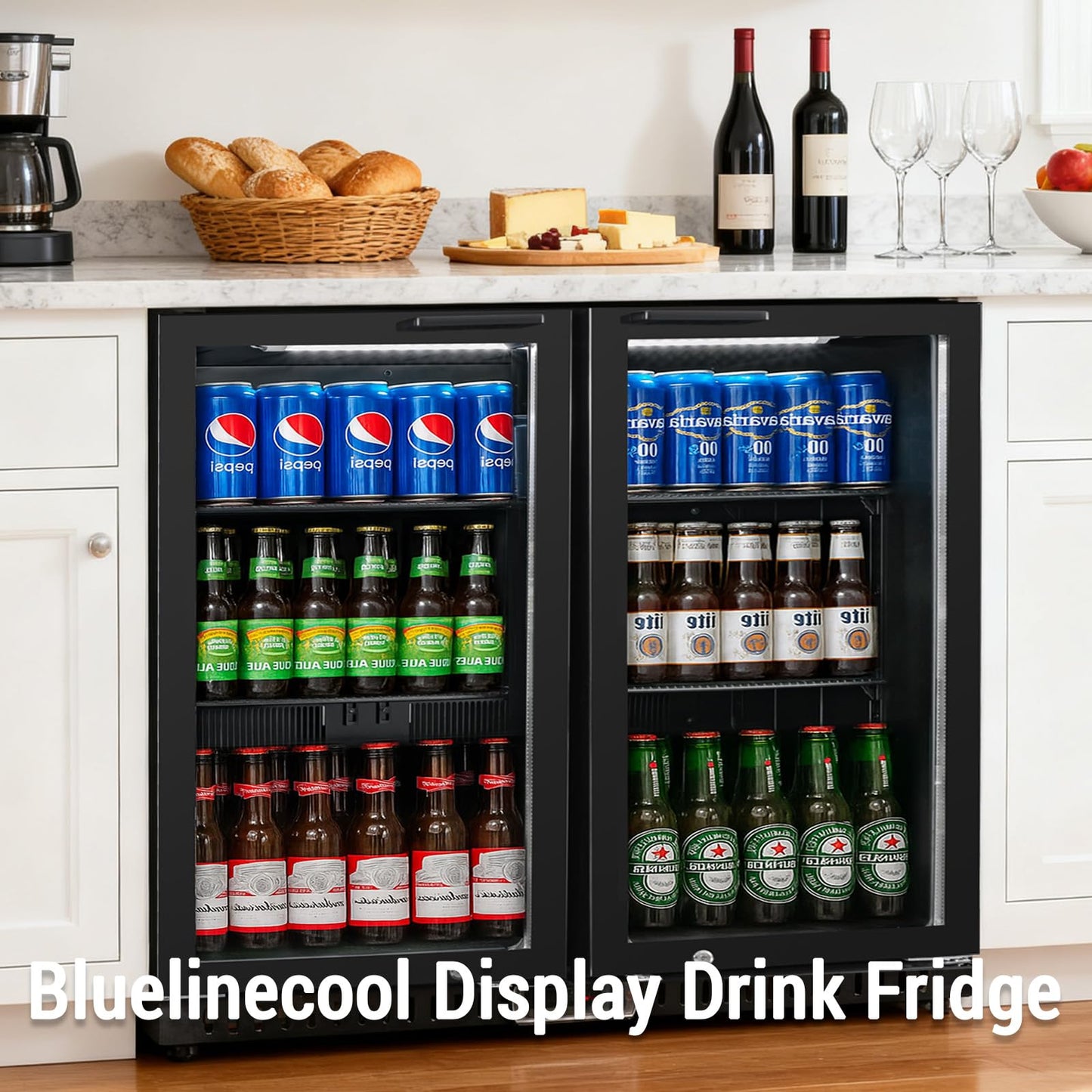 Bluelinecool Commercial Back Bar Cooler with 2 Glass Doors, 7.4 cu.ft Under Counter Beverage Refrigerator, LED Lighting - ETL Certified Beer and Wine Cooler for Bar, Restaurant, Garage, Office, Home
