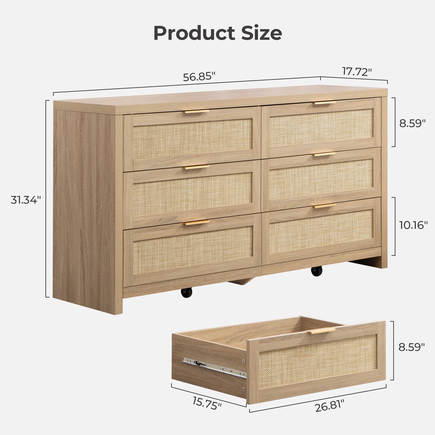 SICOTAS Rattan Dresser for Bedroom, 56.9" Wide 6 Drawer Dresser with Ample Storage, Dressers Large Chest of Drawers, Closet, Boho TV Stand for Bedroom (Reclaimed Light Oak, 1 Piece)
