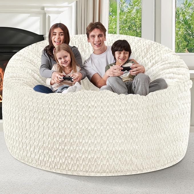 HABUTWAY 6FT Bean Bag Chair,Giant Bean Bag Chairs for Adults,Big Bean Bags with Memory Foam Filled, Large Beanbag Chairs with Chevron Plush Cover-White