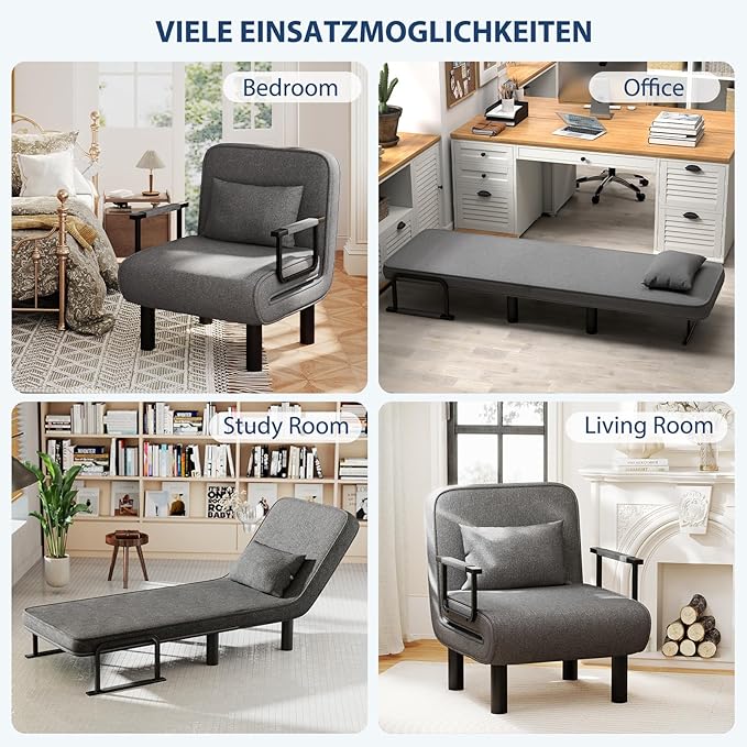 Furniliving 4 in 1 Folding Sofa Bed Chair, Convertible Sleeper Chair Bed with 6-Position Adjustable Backrest, Upholstered Chaise Lounge with Pillow, Accent Chairs for Bedroom, Linen, Darkgrey, 2