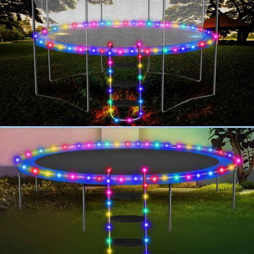 Gemscream Trampoline Accessories Kit, 3 Step Trampoline Steps 72ft 200 LED Lights 4 Stakes with 4 Belt, T Shaped Hooks, 39.4ft Sprinkler Basketball Hoop Dartboard