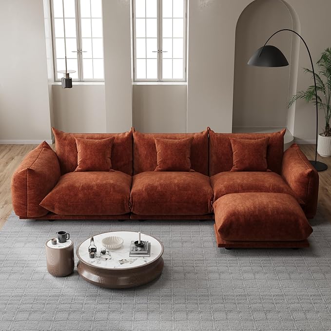 Modern Minimalist Chenille Modular Sectional Sofa, Deep-Seat 3-Seater L-Shaped Couch with Movable Ottoman and Thick Cushions, Upholstered Sofa for Living Room, Bedroom, Office, Apartment Orange L Sofa