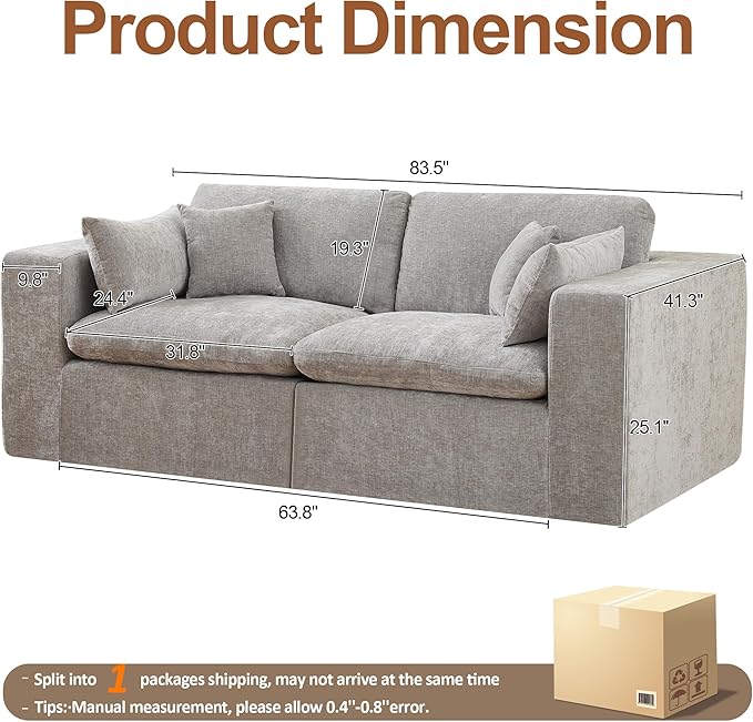 88''Cloud Boneless Sectional Couch, Modular Sectional Sofa Deep Seat, Upholstered Convertible Comfy Loveseat Chenille Memory Foam Sofa Couches for Living Room, Light Grey