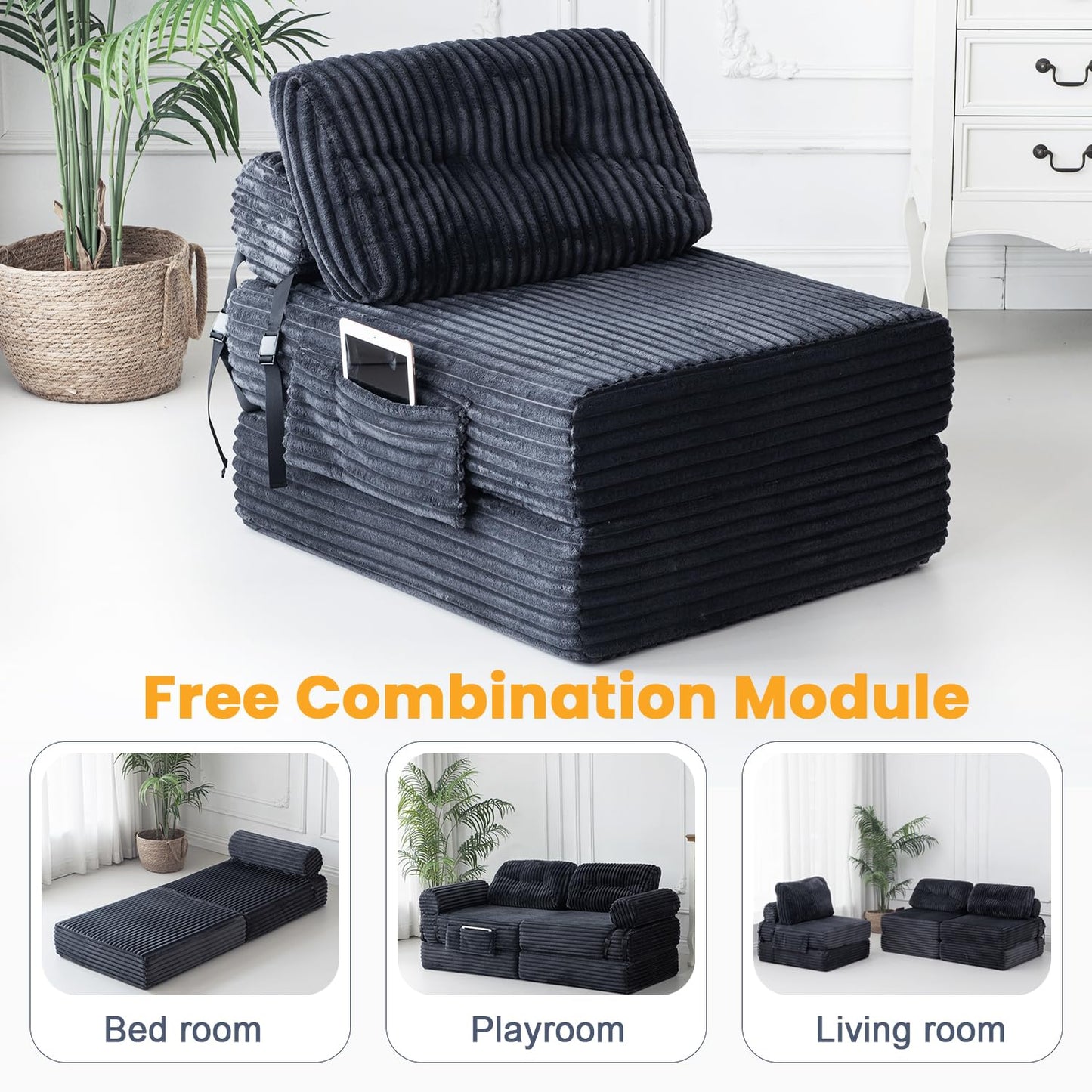 Domiqut 3 in 1 Folding Sofa Bed, Convertible Sleeper Chair with Pillow, Chair Bed with Back Support, Couches for Living Room, Foam Floor Mattress with Cushion, Single Size, Dark Grey