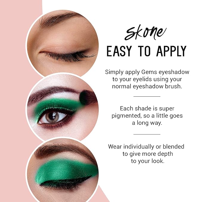 Skone Cosmetics Gems Eye Shadow, Highly Pigmented, Longwear Eye Makeup, Single Eyeshadow with Pro Shimmery Finish - Ultra-Blendable, Slightly Shimmer Shades - Green Eyeshadow - Romance