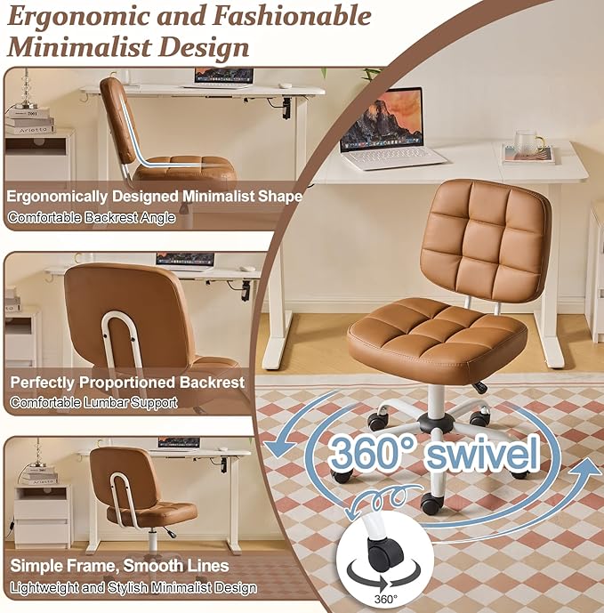VINGLI Compact Small Desk Chair, Cute Armless Chair with Wheels, Vanity Chair with Low Back, Height Adjustable Task Chair for Small Spaces, Office, Bedroom, Make Up Room, PU Leather, Brown
