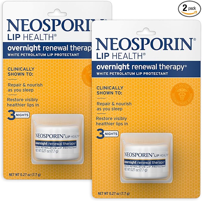 Neosporin Lip Health Overnight Renewal Therapy White Petrolatum Lip Protectant/Moisturizer to Nourish & Repair Dry Lips, Helps Relieve, Prevent & Protect Chapped Lips, 0.27 oz, 2 Pack