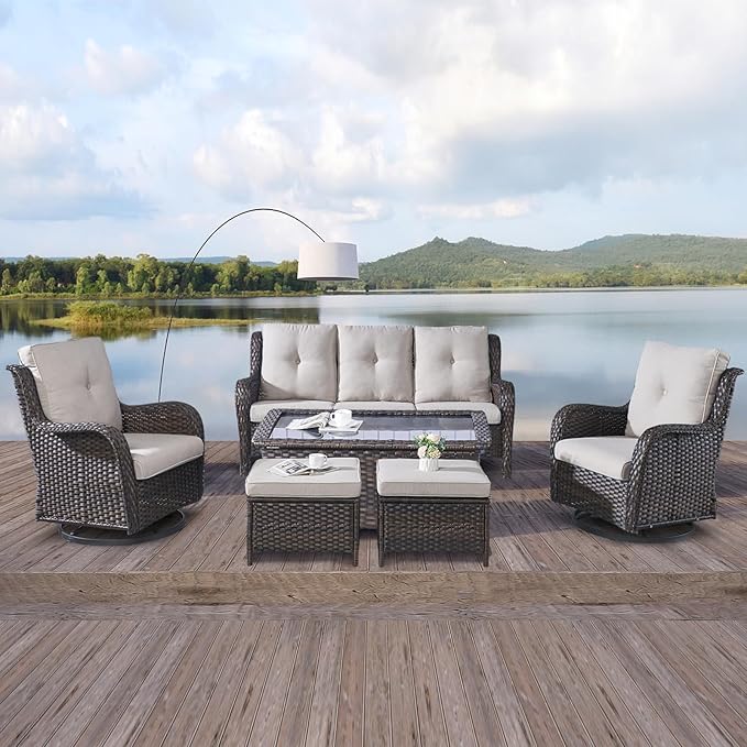 Rilyson Wicker Patio Furniture Set - 6 Piece Rattan Outdoor Sectional Conversation Sets with 2 Swivel Rocking Chairs,2 Ottomans,1 Sofa and 1 Coffee Table for Porch Deck Garden(Brown/Beige)