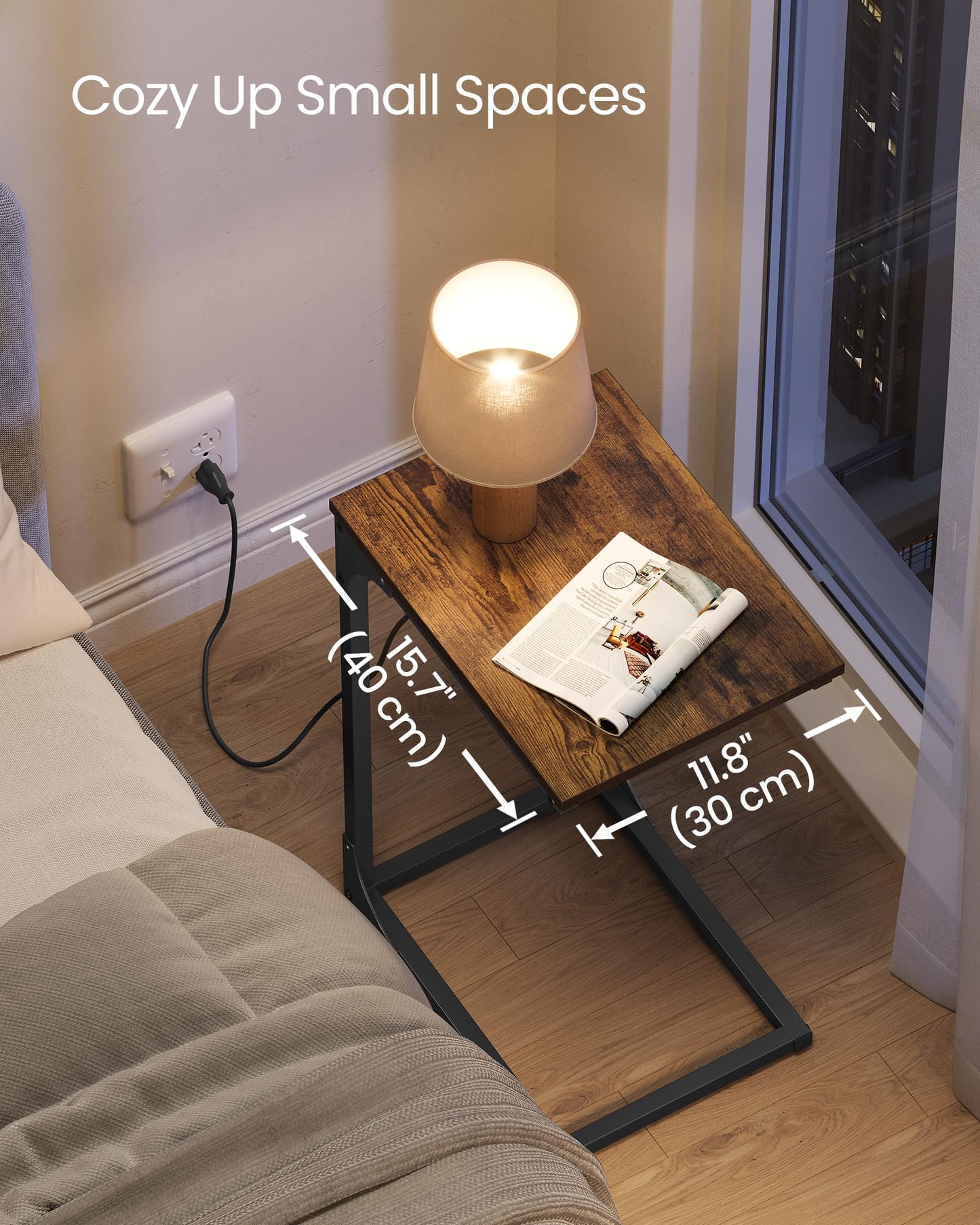 VASAGLE C-Shaped Side Table, End Table with Charging Station, C Table for Couch, Sofa, Adjustable Feet, for Bedroom, Living Room, 2 USB Ports and Outlets, Rustic Brown ULET362K01
