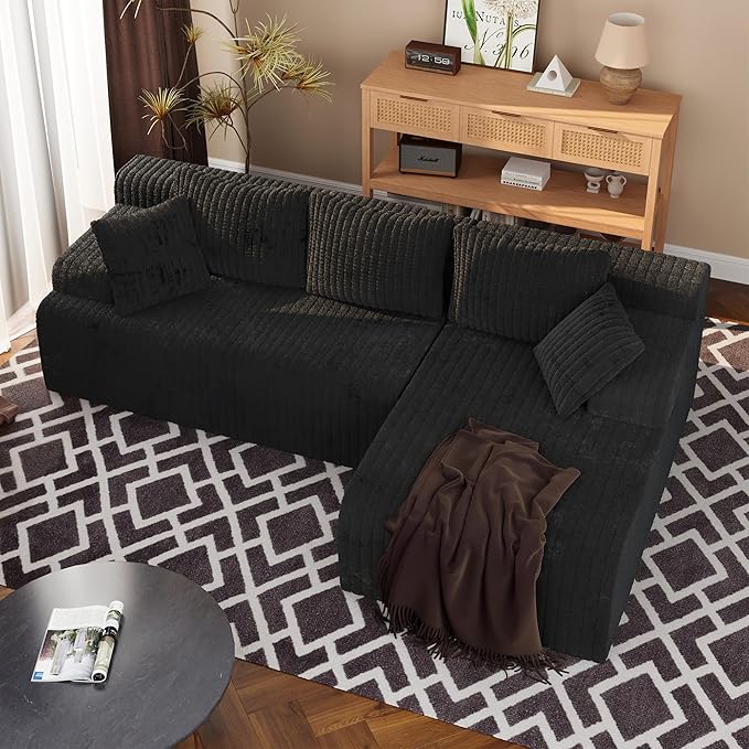 LAUSAINT HOME 96" Modular Sectional Sofa Couches, L-Shaped Boneless Cloud Sofa with 3 Deep Seat, 5 Cushiones Oversized Chaise for Living Room, Bedroom, Plush Corduroy Fabric (Right, Black)
