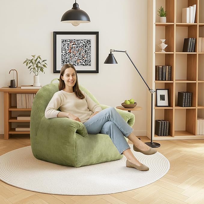 Peace nest Bean Bag Chair with Memory Foam Filled Ultra Soft Corduroy Cover for Adults Comfy Fur Bean Bag Chairs with Armrests for Bedroom Living Room Office Dorm Reading Green