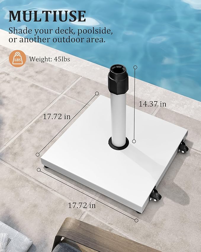 JOINHOM 42lbs Patio Umbrella Base - Heavy Duty Outdoor Patio Market Umbrella Stand for Deck with Rollers, Poolside, Balcony, Wind-Resistant Design, White