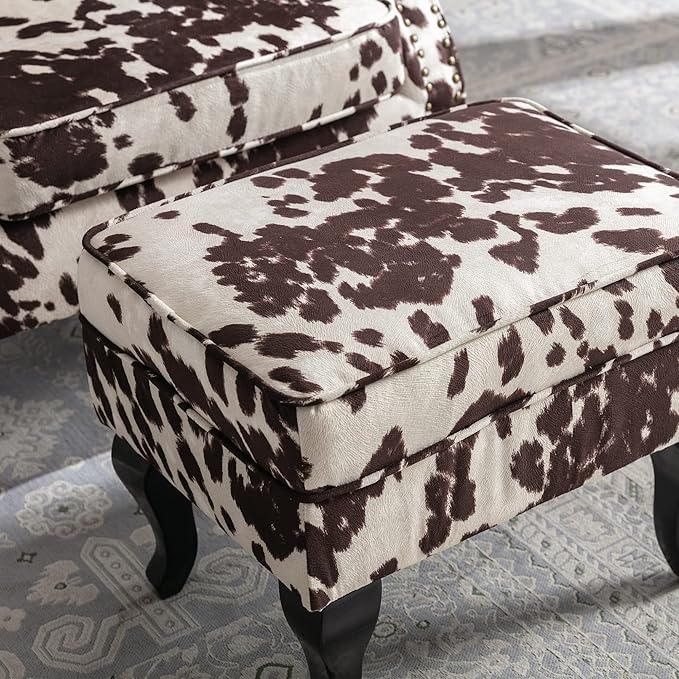 chairus Mid-Century Modern Accent Chair with Ottoman, Comfy Velvet Single Sofa Chair Button Tufted Wingback Armchair with Pillow for Living Room/Bedroom/Club - Cow