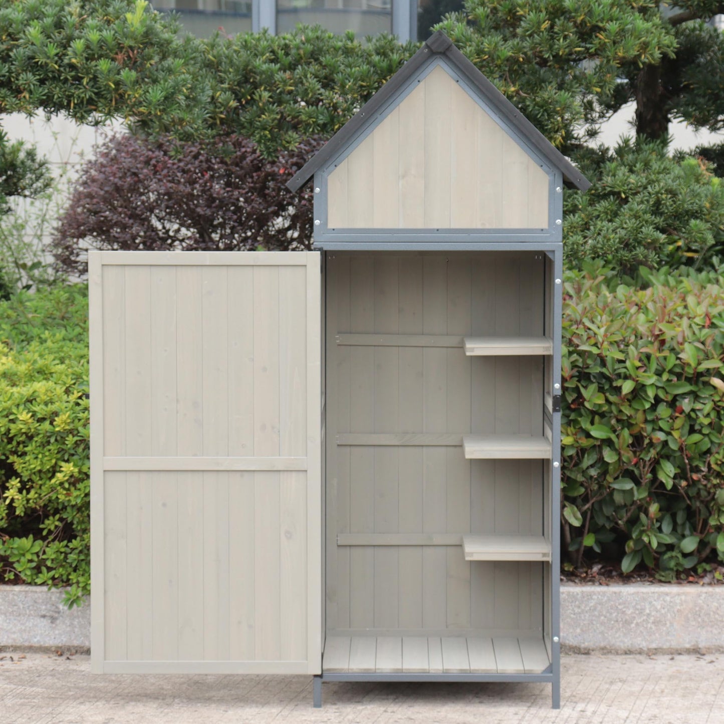 68" Tall Wooden Cabinet, Outdoor Storage Shed with Floor, Adjustable Shelves & Lockable Door, Waterproof Garden Shed, Metal Frame Tool Cabinet for Backyard, Patio & Garden Tool Organization