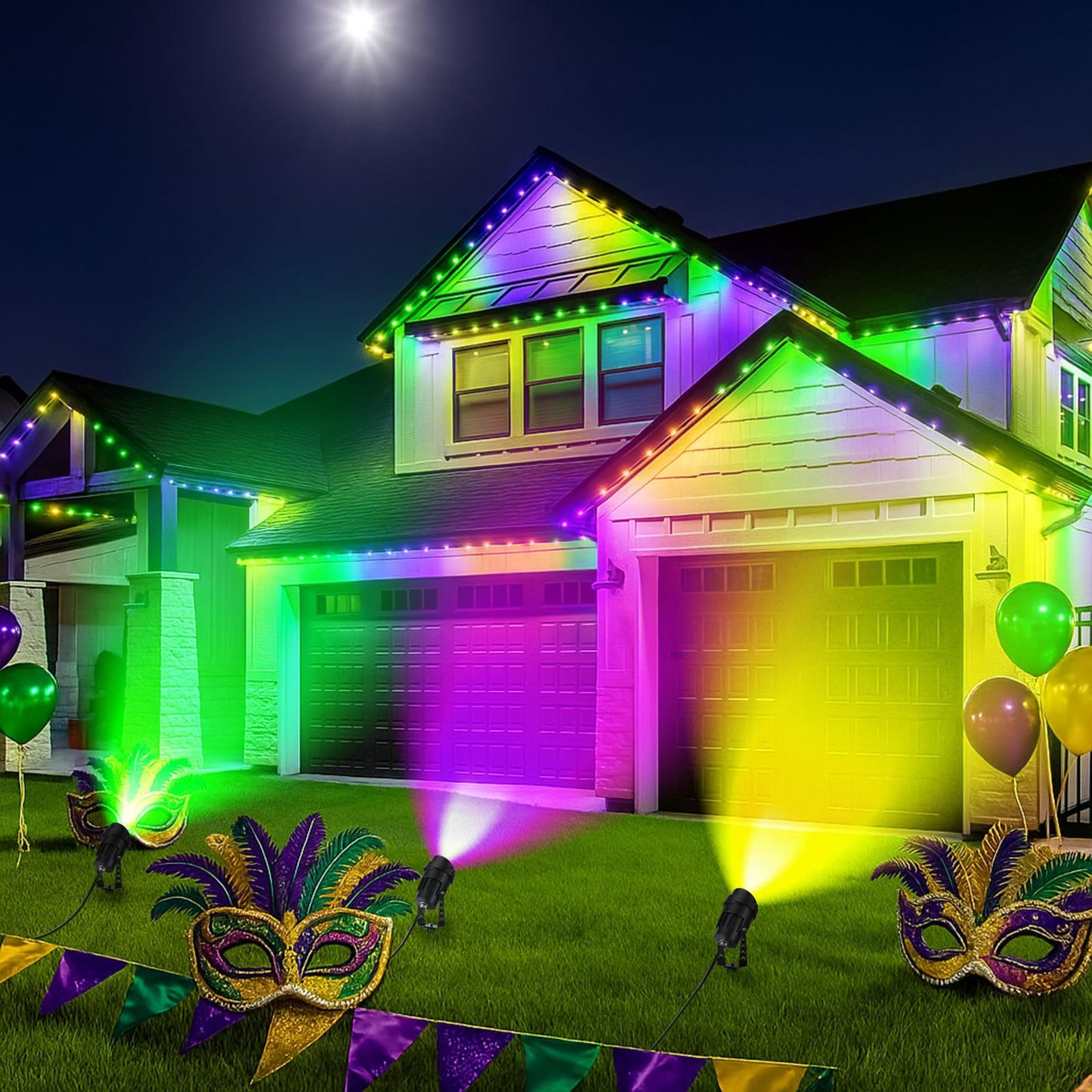 Grinsvalley 3 Pcs Mardi Gras Spotlight Outdoor Decorations Purple Green and Gold Spotlight Plug in Waterproof Spot Lights Landscape Lighting Carnival Lamp Yard Sign for Garden Outside Porch Supplies