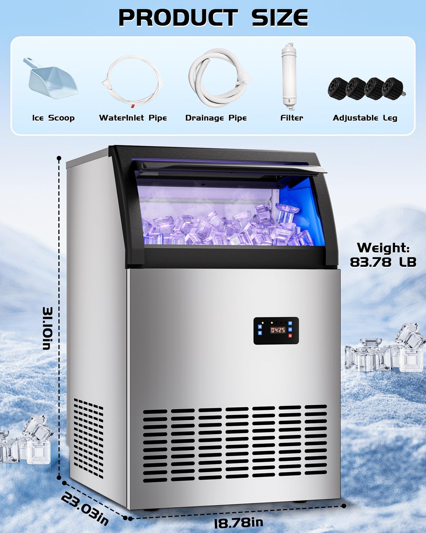 Quyndor Commercial Spray Drench Ice Maker Machine 150 Lbs/Day, Undercounter Ice Makers 100Lbs Storage Bin and 32 Ice Trays, Under Counter ice Maker for Home, Bar, Party