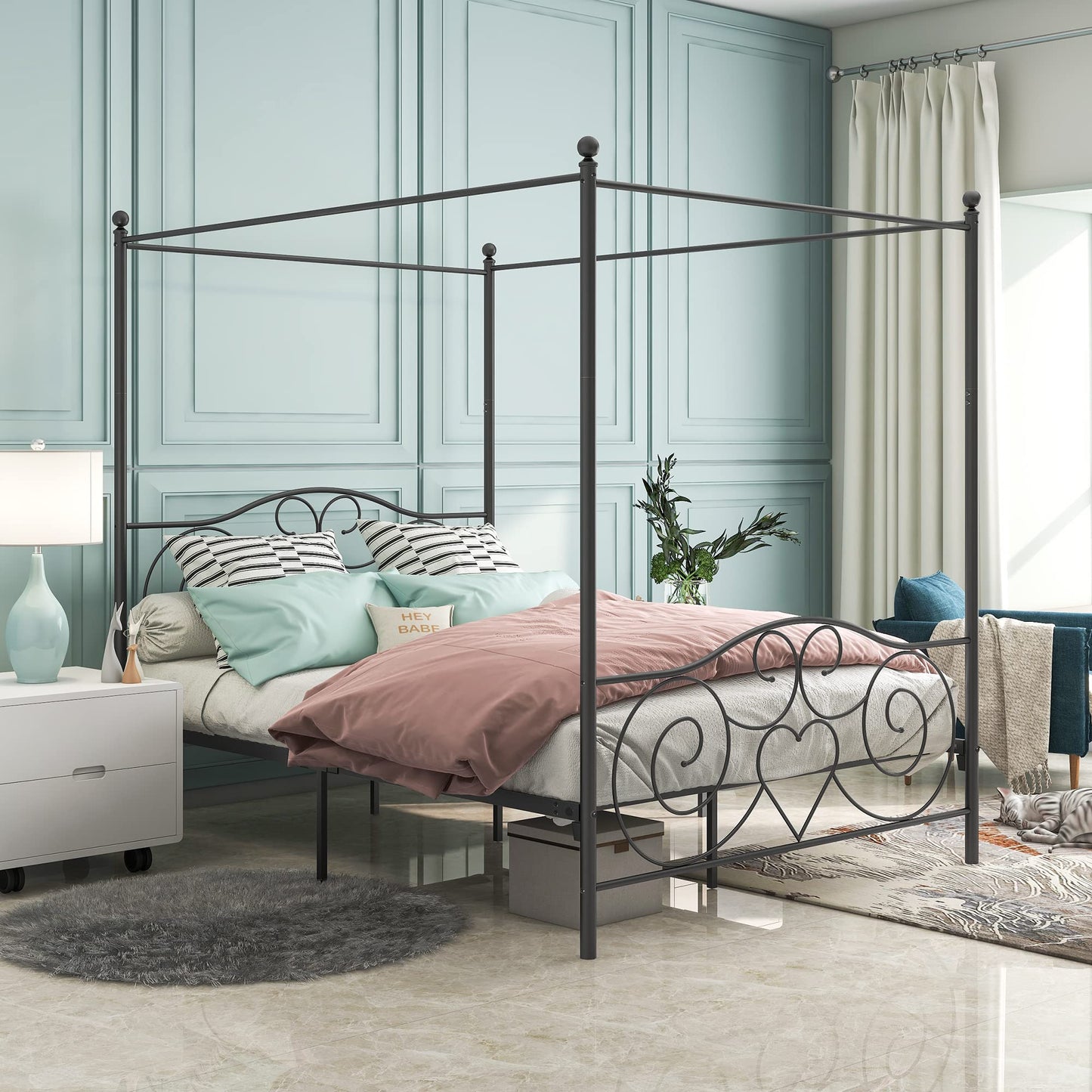 LUMISOL Queen Canopy Bed Frame, Metal Canopy Bed Frame wit Headboard & Footboard, Easy Assembly, Noise Free, Black