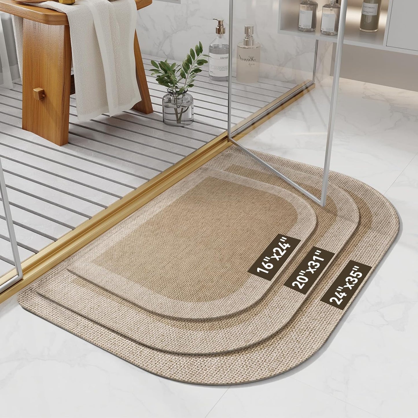Half Circle Bath Mat,Thin Bathroom Rugs Fit Under Door Quick Dry Non Slip Washable Bathroom Mat with Rubber Backing,Absorbent Woven Half Round Shower Rug, Brown Beige 16x24