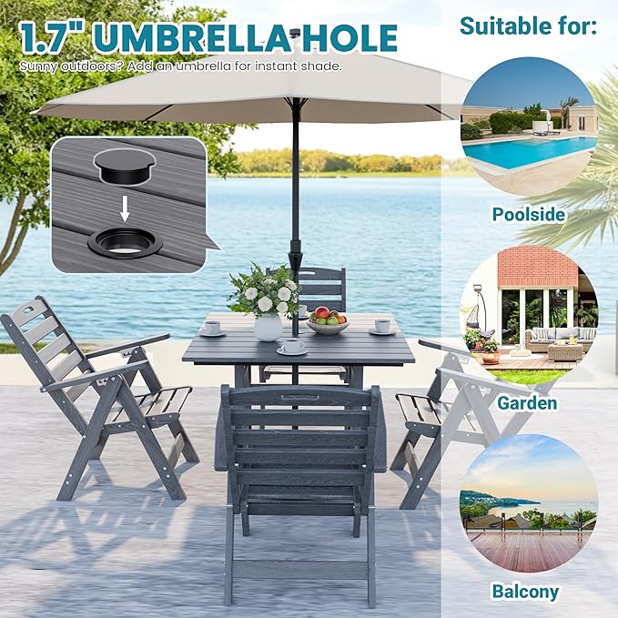 PamapicLife 5-Piece Outdoor Dining Set with Folding Chairs for Outside, All-Weather HDPE Outdoor Table and Chairs with Elegant Armrest, Patio Furniture Sets with Umbrella Hole for Patio, Gray
