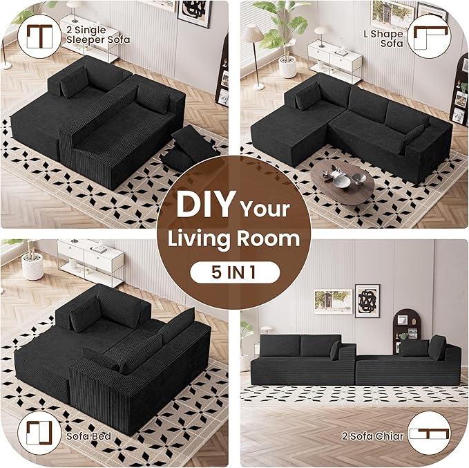 106" Cloud Sectional Boneless Couches for Living Room, Modular U Shaped Couch with Deep Seat, Removable Ottoman, Memory Foam Compressed Spineless 4 Seater Sofa for Bedroom Apartment, Black