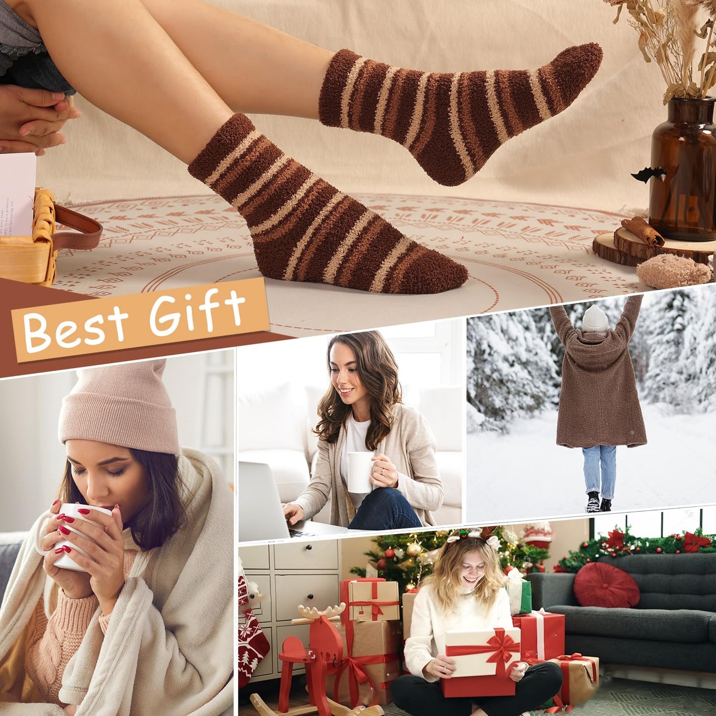 Toes Home Fuzzy Socks for Women Soft Fluffy Winter Cozy Slipper Socks Plush Sleep Fall Socks for Ladies 6 Pairs