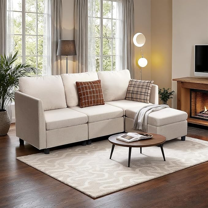 VEVOR Modular Sectional Sofa, 3-Seater Modular Sofa with Hidden Storage, Customizable Cloud Sectional Couch with Ottoman, Solid Wood Frame Upholstered Couch for Living Room, Bedroom, Beige