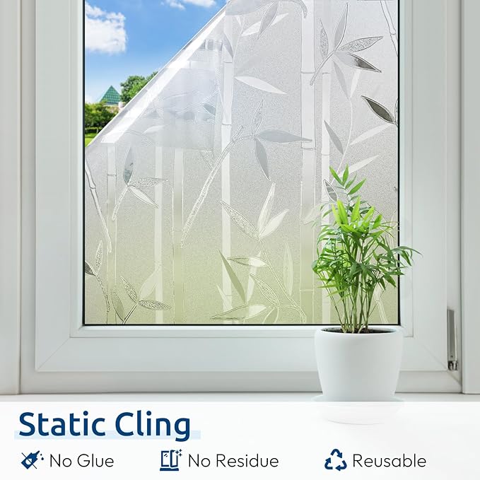 rabbitgoo Window Privacy Film Frosted Bamboo Pattern, Removable UV Blocking Stained Glass Decals Covering Decorative Window Cling for Home, 17.5 in X 13.1 Feet, Regular
