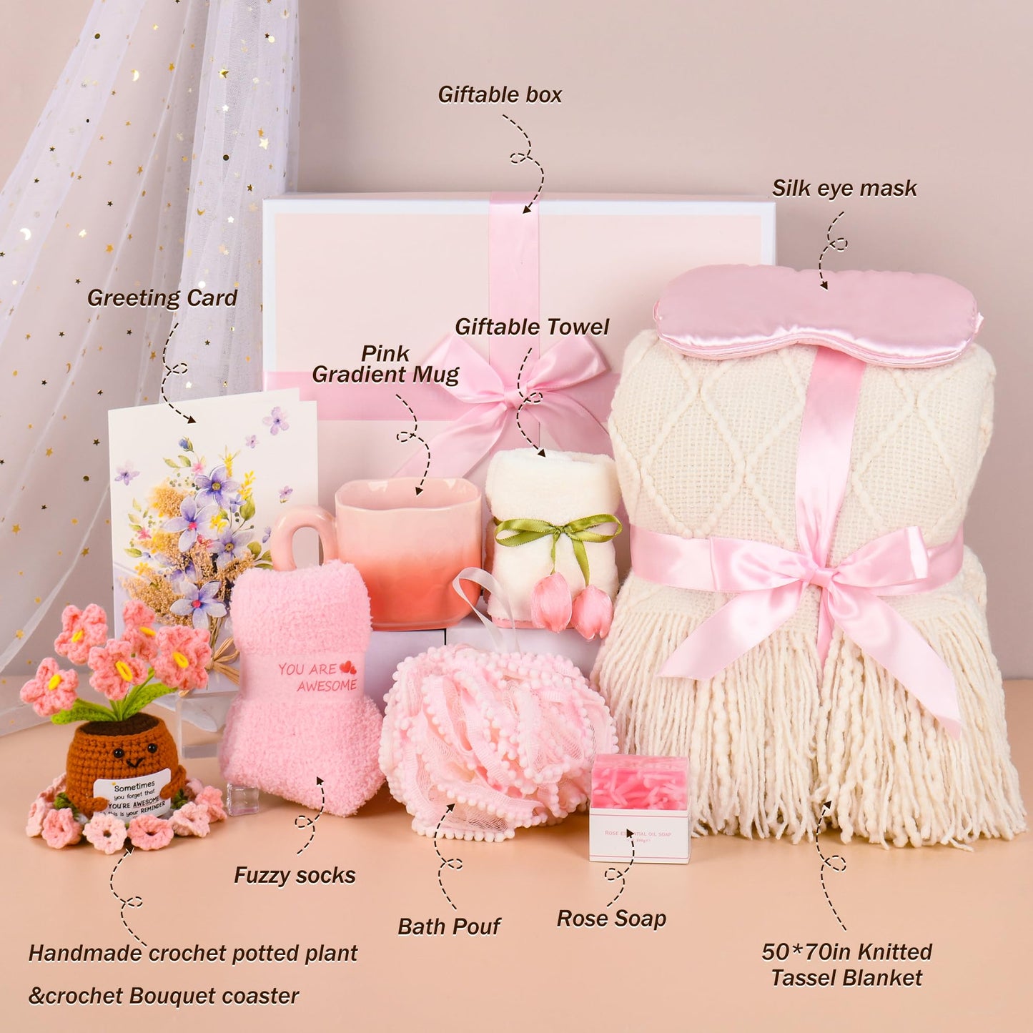 Birthday Gifts for Women, Knitted Tassel Throw Blanket Pink Gift Basket with Handmade Crocheted Potted Plants and Flower Coasters, Inspirational for Mom Her Wife Friend Grandma