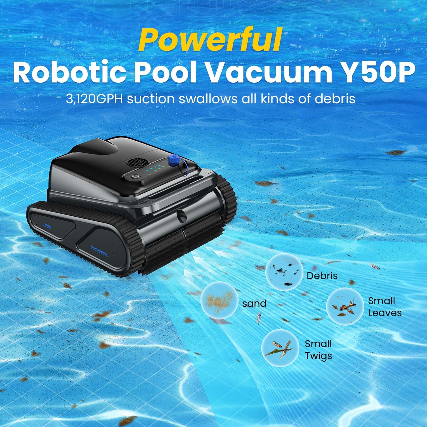 OUCAXIA Y50P Robotic Pool Vacuum, Upgraded Motor, Powerful Wall-Climbing with Scrubber Brushes, Smart Path Navigation, Cordless Pool Vacuum for Inground Pools Floor/Wall/Waterline/All Cover Cleaning
