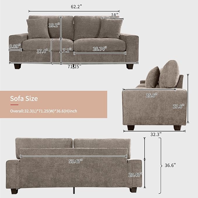 DOPEDIO Modern Loveseat Sofa for Living Room,Chenille Recliner, Removable Cover, Spring Cushions, Solid Wood Frame, Easy Assembly for Small Spaces (71.25inch，Brown)