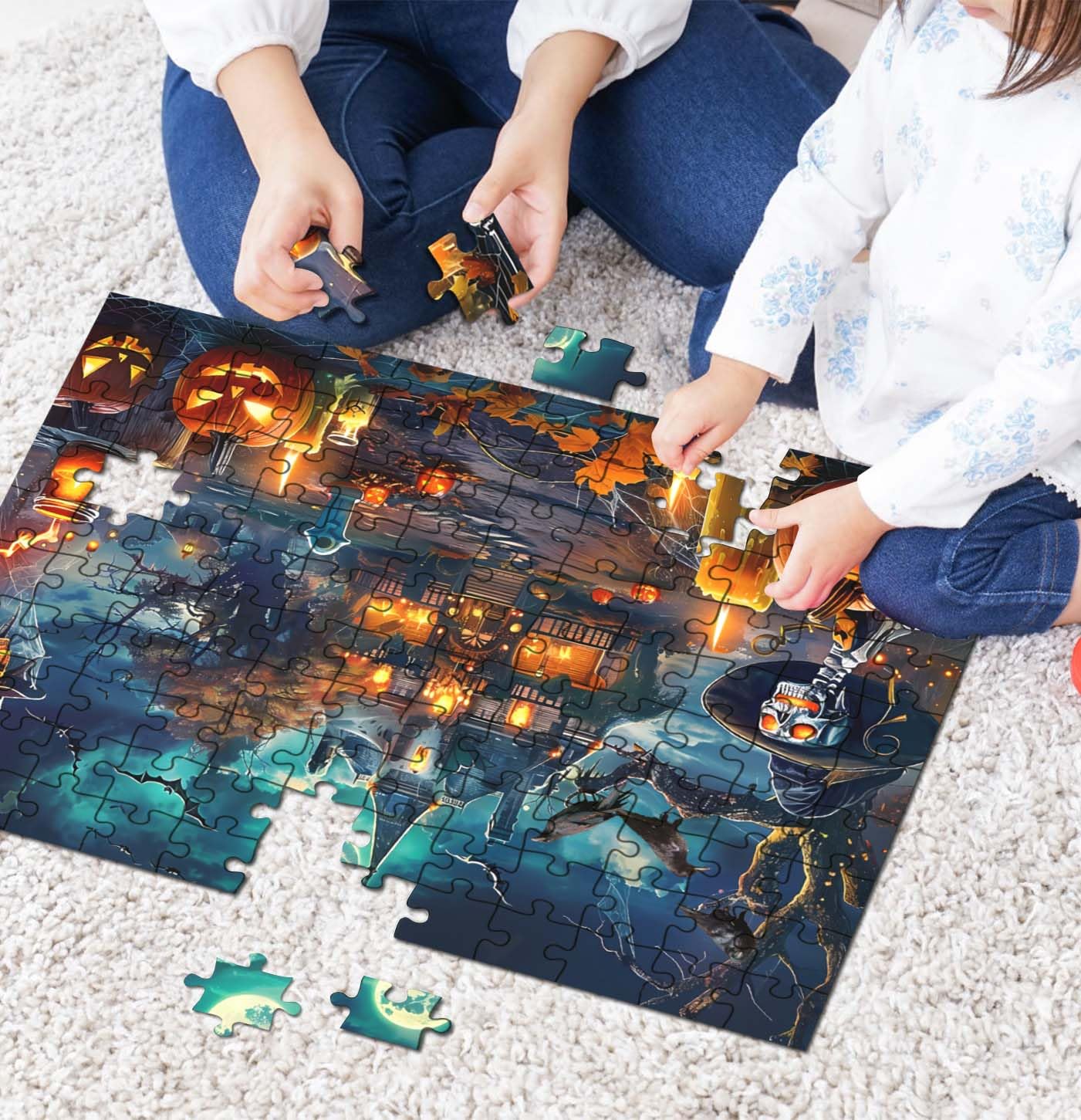 HEIPINIUYE Halloween Puzzles 120 Pieces Scary Skeleton Puzzle Halloween Jigsaw Puzzle for Kids Adults Halloween Party Decoration Haunted House Puzzle