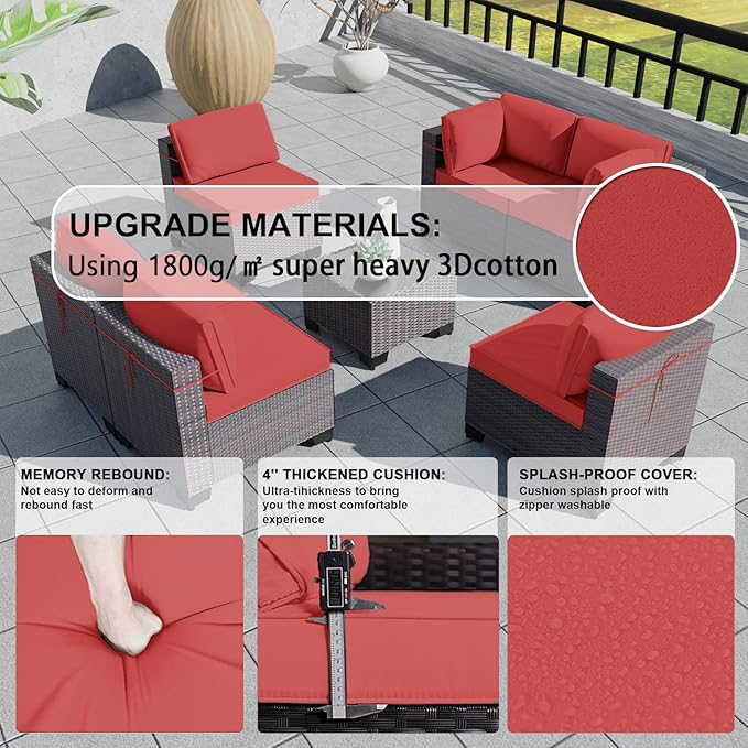 Kullavik 7 Pieces Outdoor Patio Furniture Set,Sectional Rattan Sofa Set Brown PE Rattan Wicker Patio Conversation Set with Tempered Glass Coffee Table and Washable Cushions Covers,Red