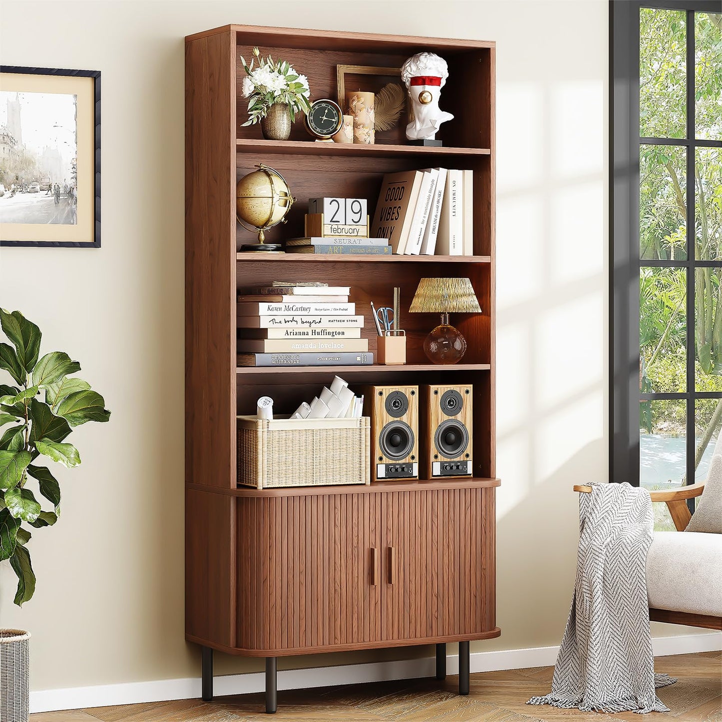 ONBRILL 71" Tall Bookshelf, 4-Tier Bookcase with Storage Cabinet & Adjustable Storage Shelves, Floor Standing Wooden Bookshelf with Sliding Door and Adjustable Footpad, for Home Office, Living Room