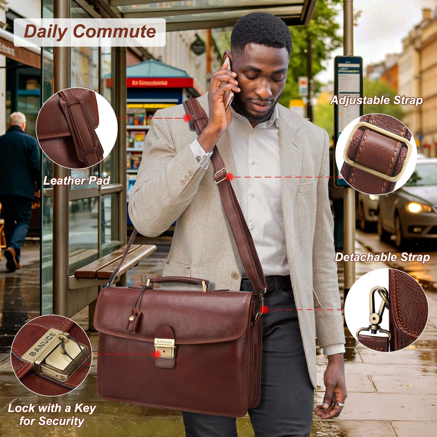 Banuce Italian Full Grain Leather Briefcase for Men, Brown