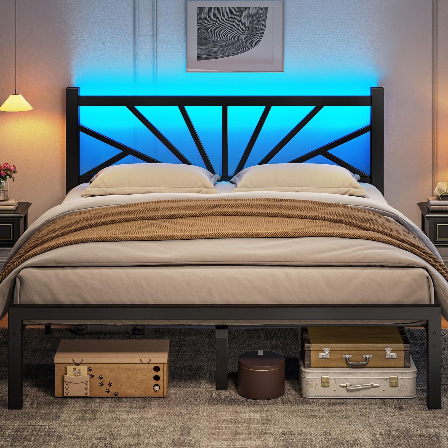 Metal Bed Frame Queen Size with LED Lights,Queen Bed Frame with Headboard,Heavy Duty Sturdy Mattress Foundation with Storage Space,Strong Metal Slats Support,Noise Free,No Box Spring Needed,Black