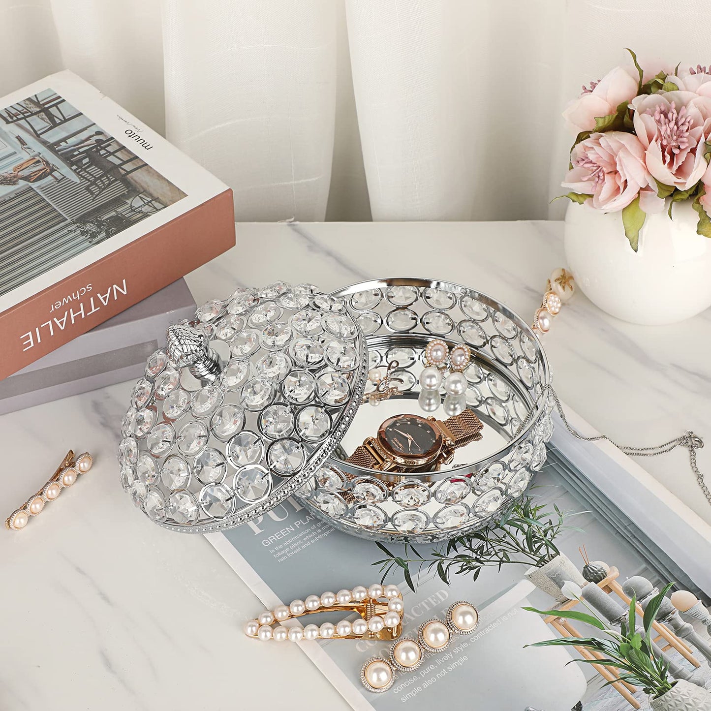 Hipiwe Crystal Mirrored Jewelry Box Trinket Organizer Box Luxury Decorative Ring Box Earrings Storage Holder Keepsake Box Birthday Christmas Gift for Women, X-Large