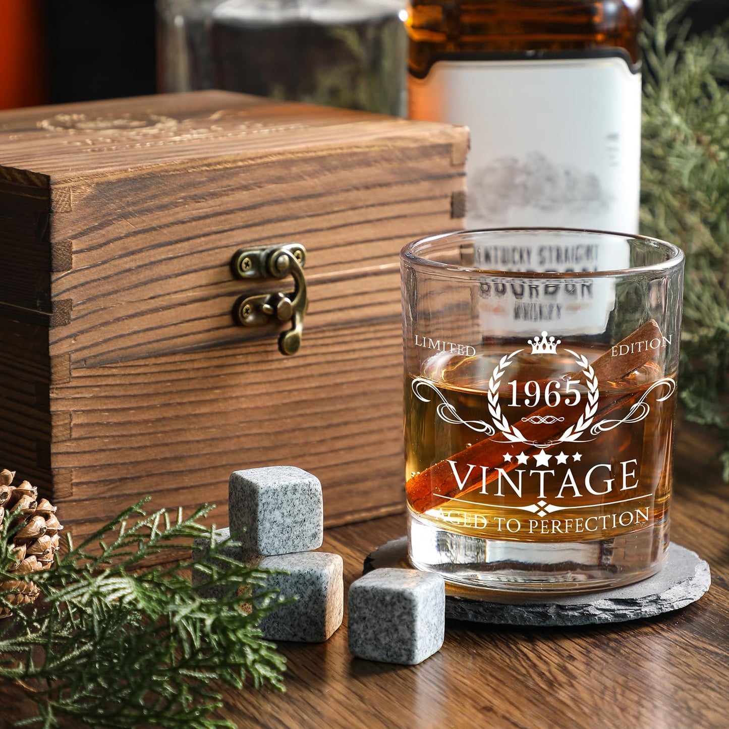 60th Birthday Gifts for Men Whiskey Glass Set - 60th Birthday Decorations, Party Supplies - 60 Year Anniversary, Bday Gifts Ideas for Him, Dad, Husband, Friends - Wood Box & Whiskey Stones & Coaster