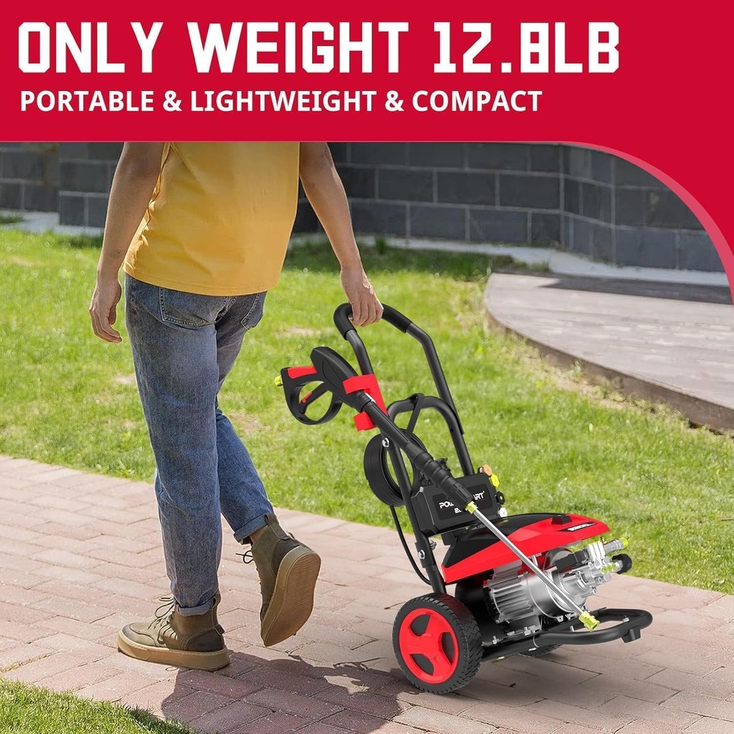 PowerSmart 3000 PSI Max Electric Pressure Washer-1.2 GPM Brushless Motor Power Washer with 5 Nozzles, GFCI Protection, 8” Wheels and Soap Tank, for Car, Patio, Fence, Driveway Cleaning