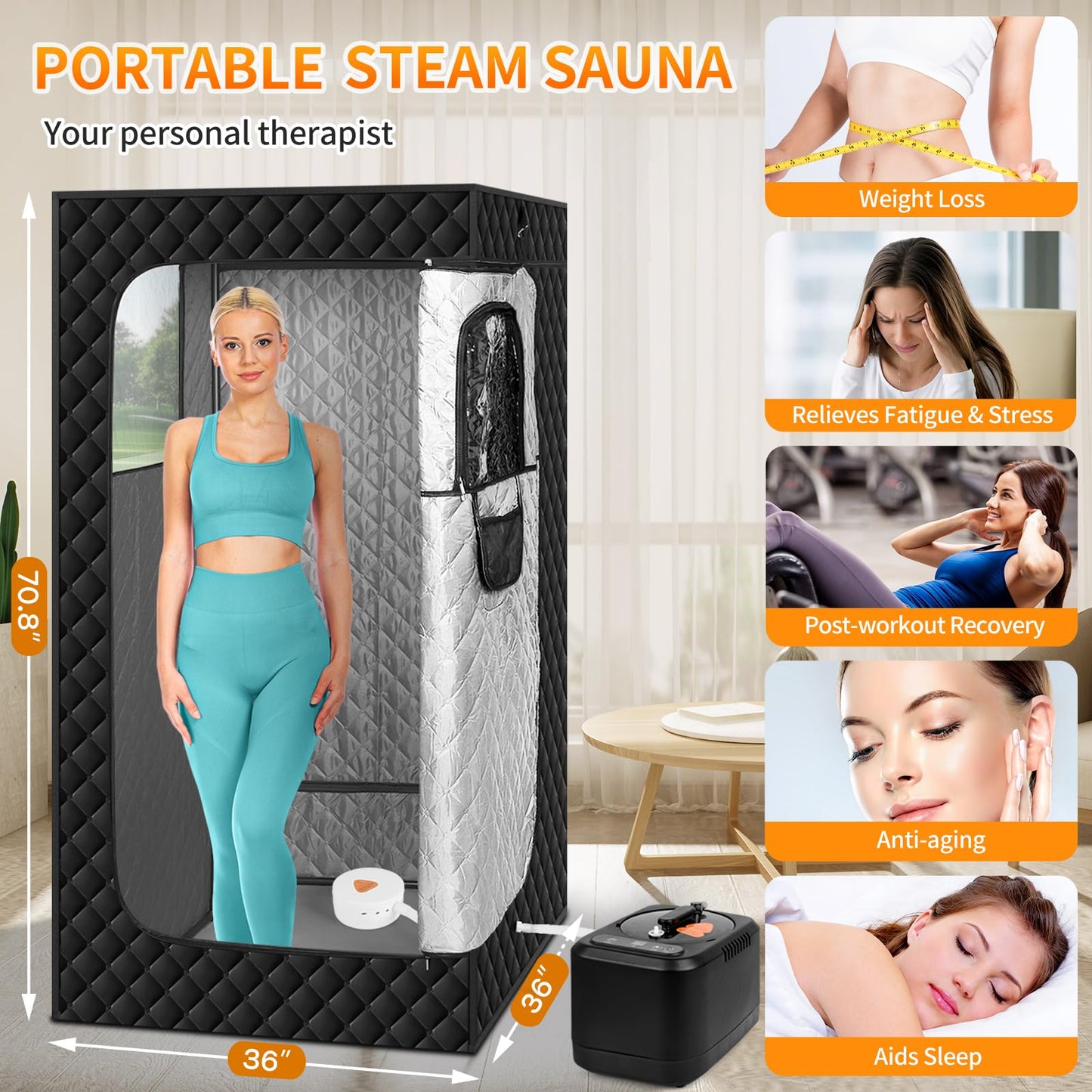 Aquatrend Portable Sauna Box for Home, 3' x 3' x 5.9' Personal Sauna Tent Full Size, 1200W 3L Steamer, Double Large Windows, Remote Control, Folding Chair, Fitness Gym Yoga Spa, Black