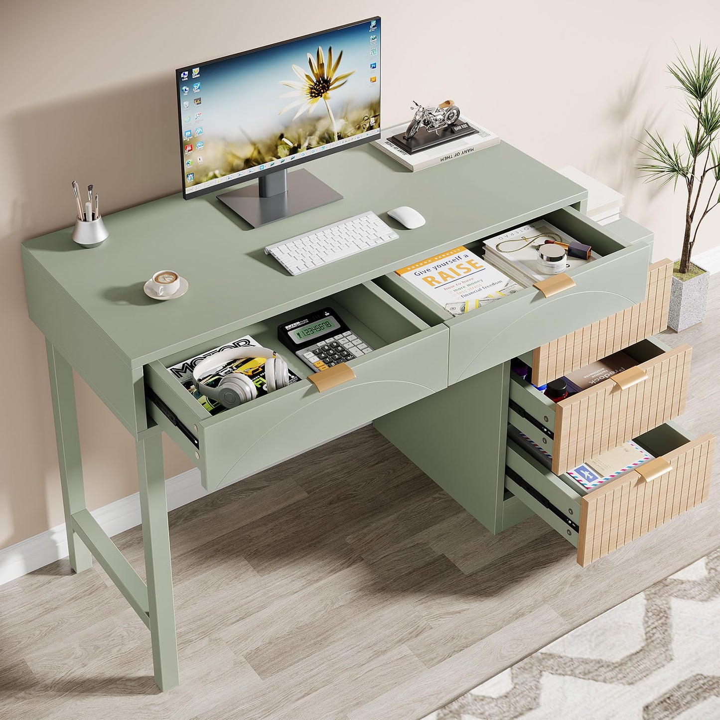 Tribesigns Computer Desk with 5 Drawers, Reversible Small Modern Writing Desk with Storage, Wooden Study Table Office Workstation for Home Office, Small Spaces, Mint Green