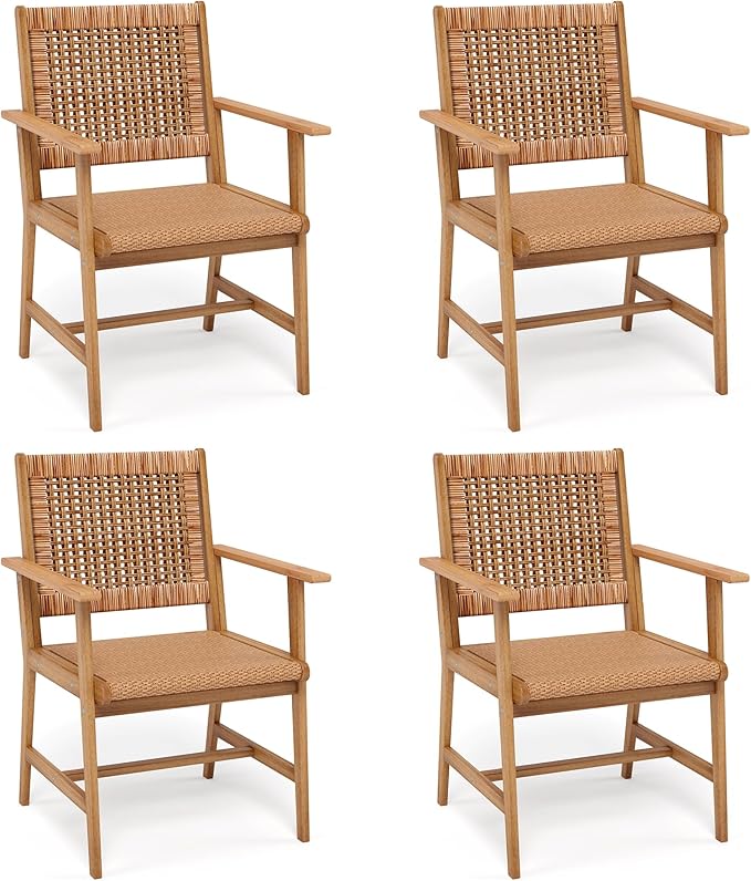 PHI VILLA Outdoor Acacia Wood Dining Chairs Set of 4, Armchairs with Strong Wicker Back & Seat, Farmhouse Style Teak Patio Deck Yard Balcony Garden Furniture