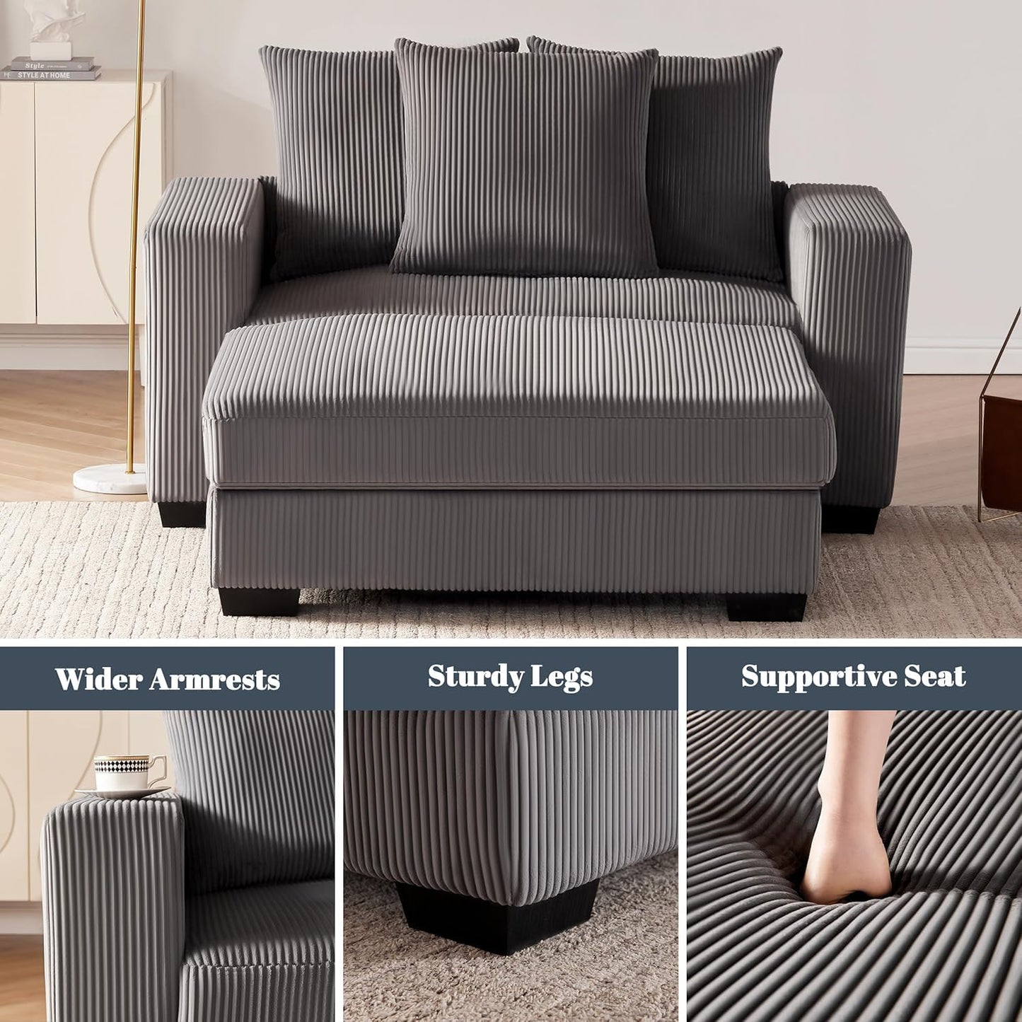 Mangodan 58.3" Oversized Chaise Lounge Indoor for Living Room, Solid Wood Comfy Sleeper Reclining Chair with Thickened Cushions Widened Armrests for Bedroom, Deep Seat Lounge Chair with Ottoman, Grey