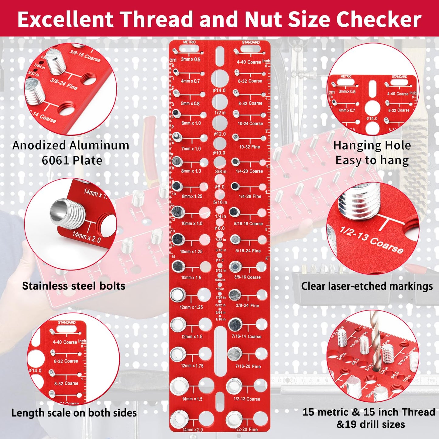 Manalete Thread Checker, 49 Nut and Bolt Thread Checker, Screw Size and Thread Identifier Gauge with 15 Standard & 15 Metric &19 Drill Bit Gauges, Bolt Size Finder for Quickly Identify Thread Sizes