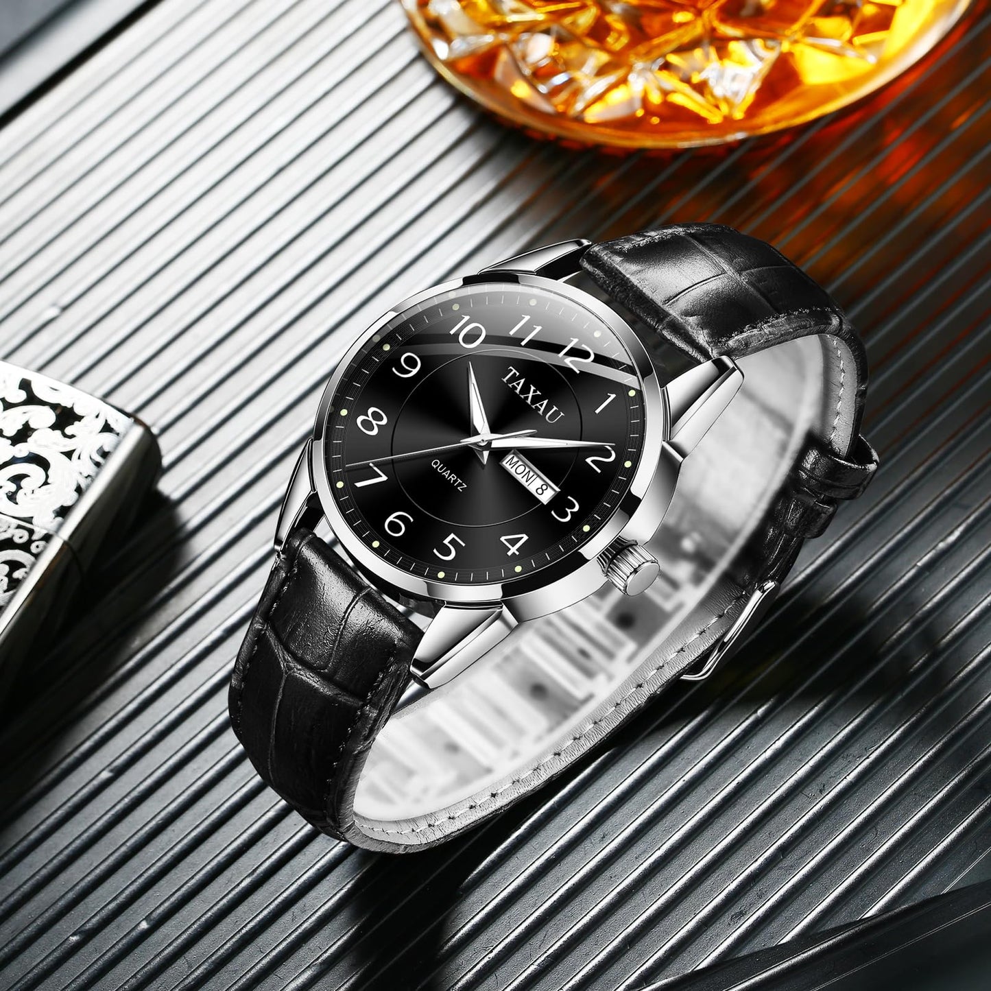 Taxau Men Leather Watch Dress Watches for Men Black Band Waterproof Mens Watch Analog Quartz Men's Wrist Watch with Date Day, Arabic Number, Water Resistant Luminous Large Face