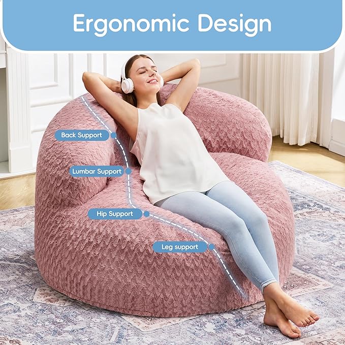 Hobestluk Bean Bag Chair Giant Bean Bag Chairs for Adults Big Bean Bag Chair with Memory Foam Filler Adults Large Beanbag with Faux Fur Cover for Bedroom (Chevron Pink,Large)