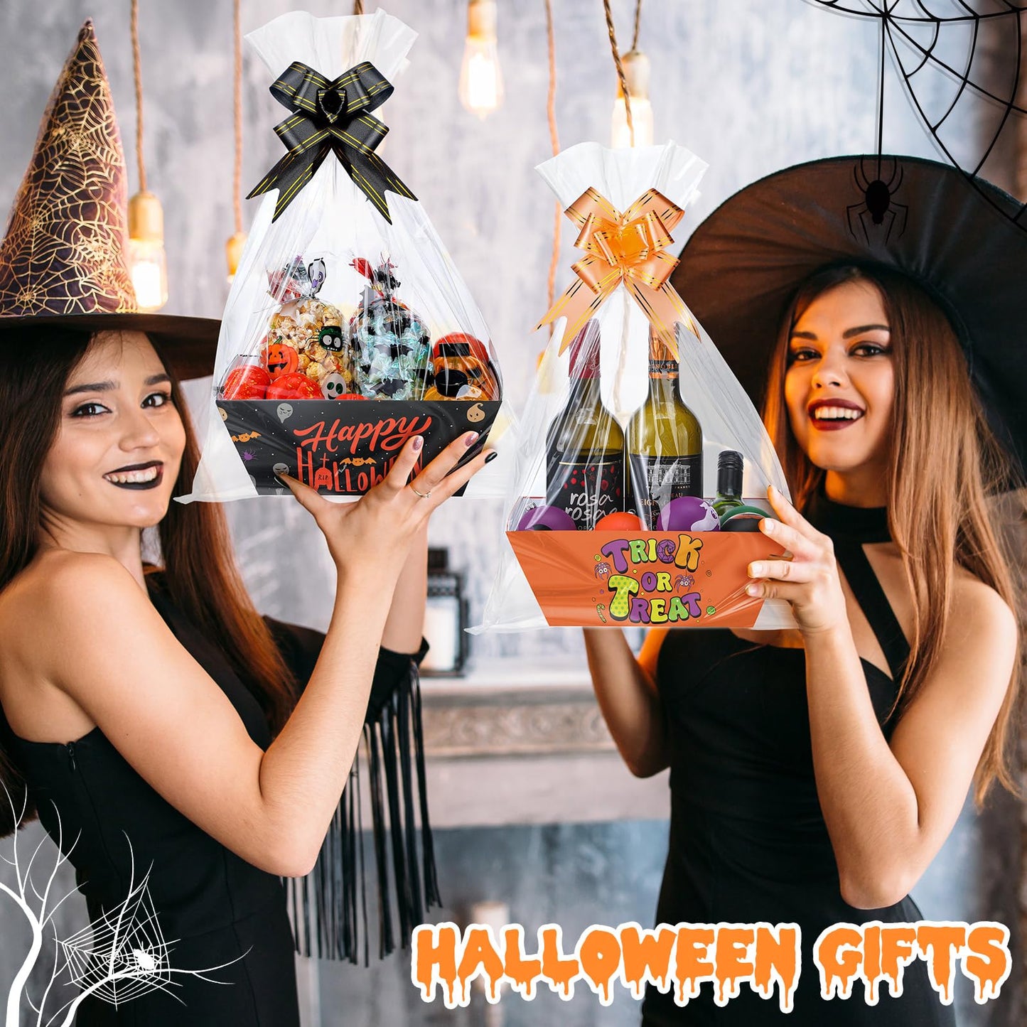 Yeaqee 36 Pcs 12 Pack Halloween Basket for Gifts with Bows Ribbons Bulk Treat Basket Orange Black Gift Baskets for Halloween Treat Party Favors